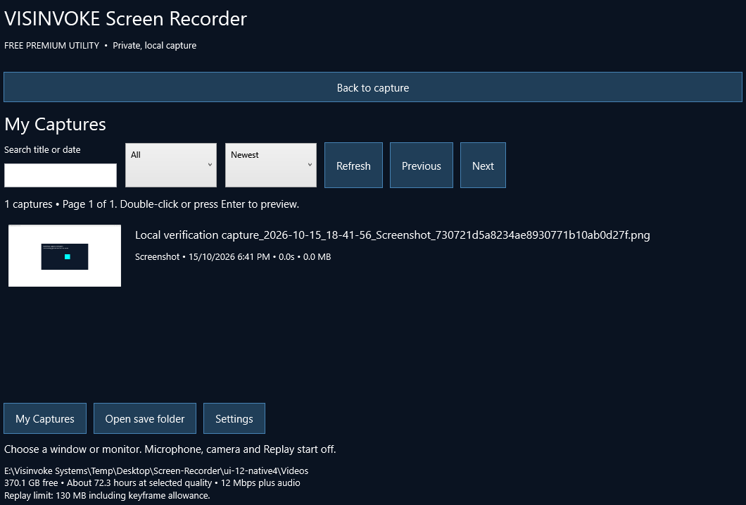 Actual My Captures library showing a saved local verification screenshot.