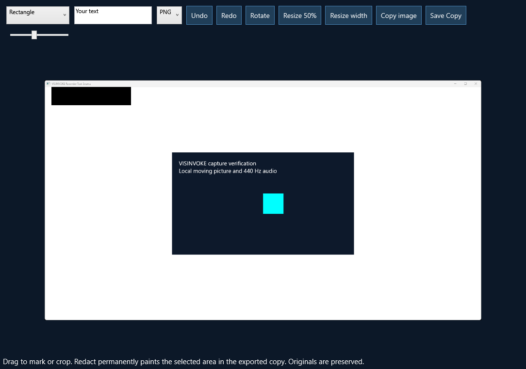 Actual local screenshot editor showing an opaque redaction on a verification capture.
