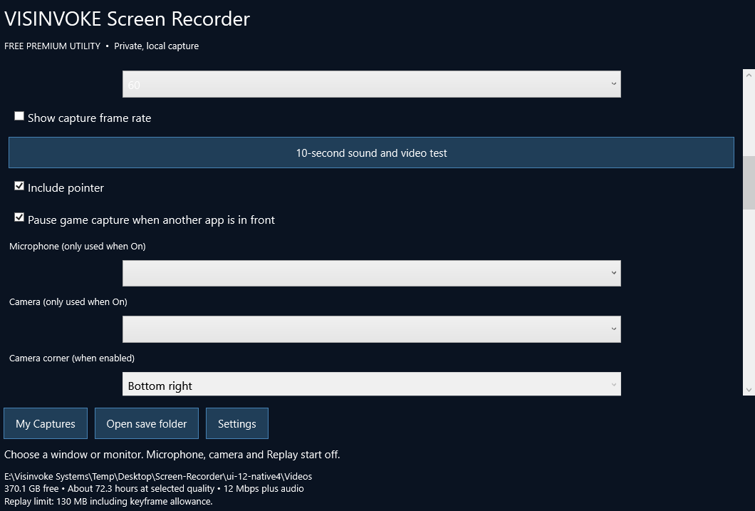 Actual recorder settings with device, independent audio and quality controls.