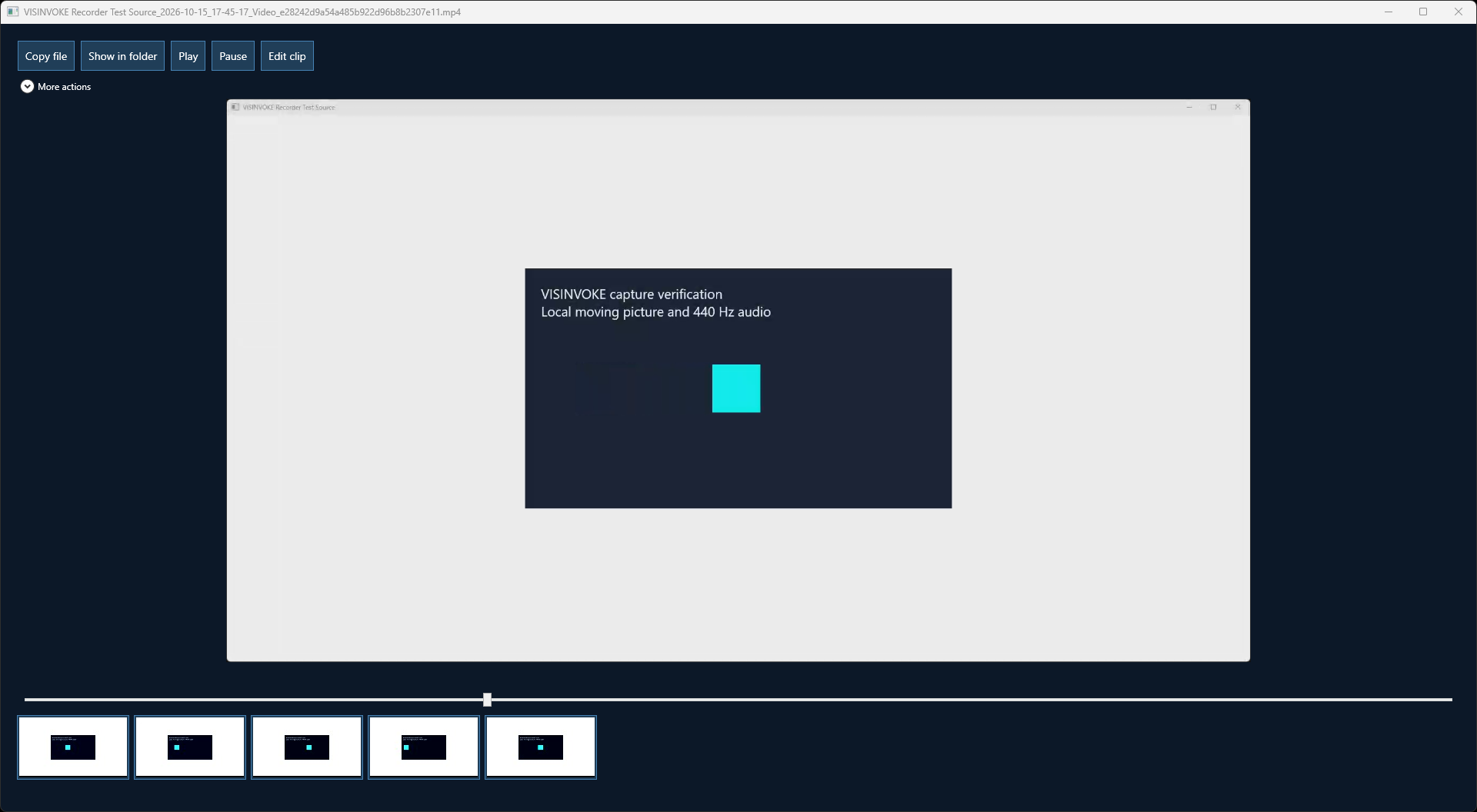 Actual Windows video playback and five clickable frame thumbnails from a local verification capture.
